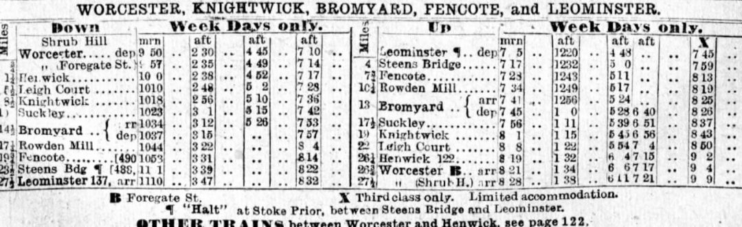 The whole Worcester –Bromyard – Leominster timetable for 1945